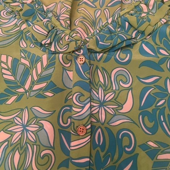 Lilly Pulitzer green blue floral 100% silk ruffle collar blouse women’s size 8 - Picture 3 of 7